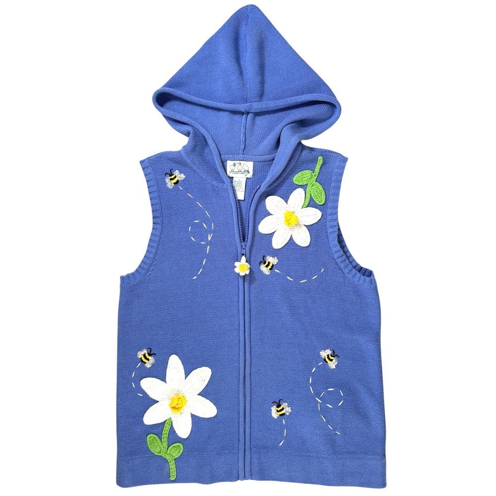 Quacker Factory Womens Blue Knit Vest Large Zip Hood Crochet Daisy‎ Bumble Bee